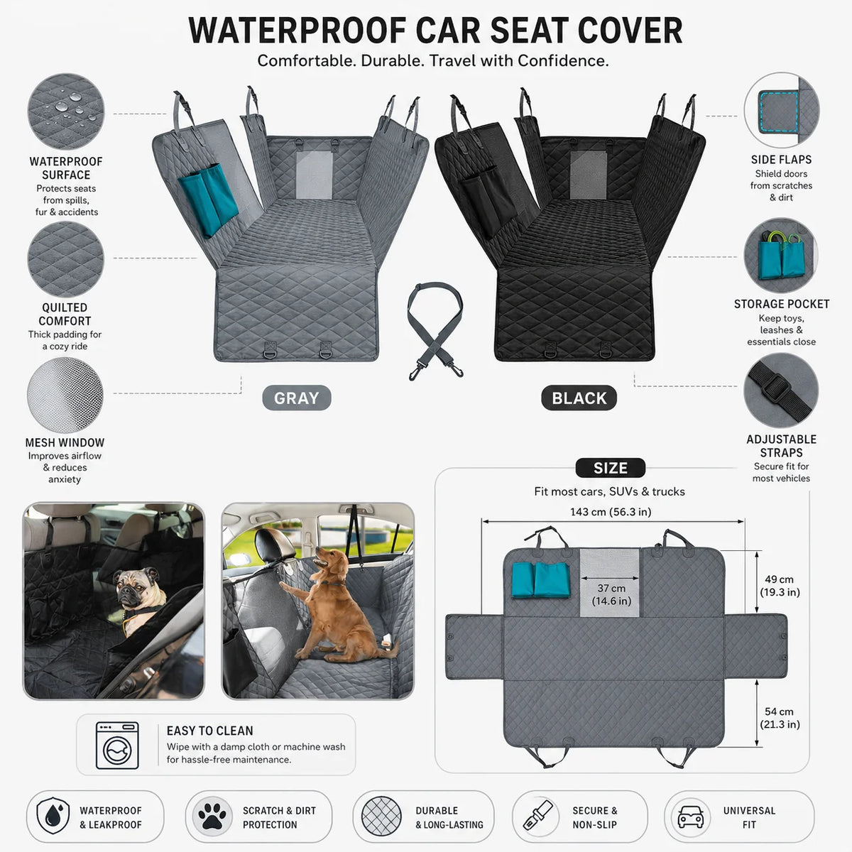 Dog Car Seat Cover | Waterproof & Non-Slip | Adjustable Fit