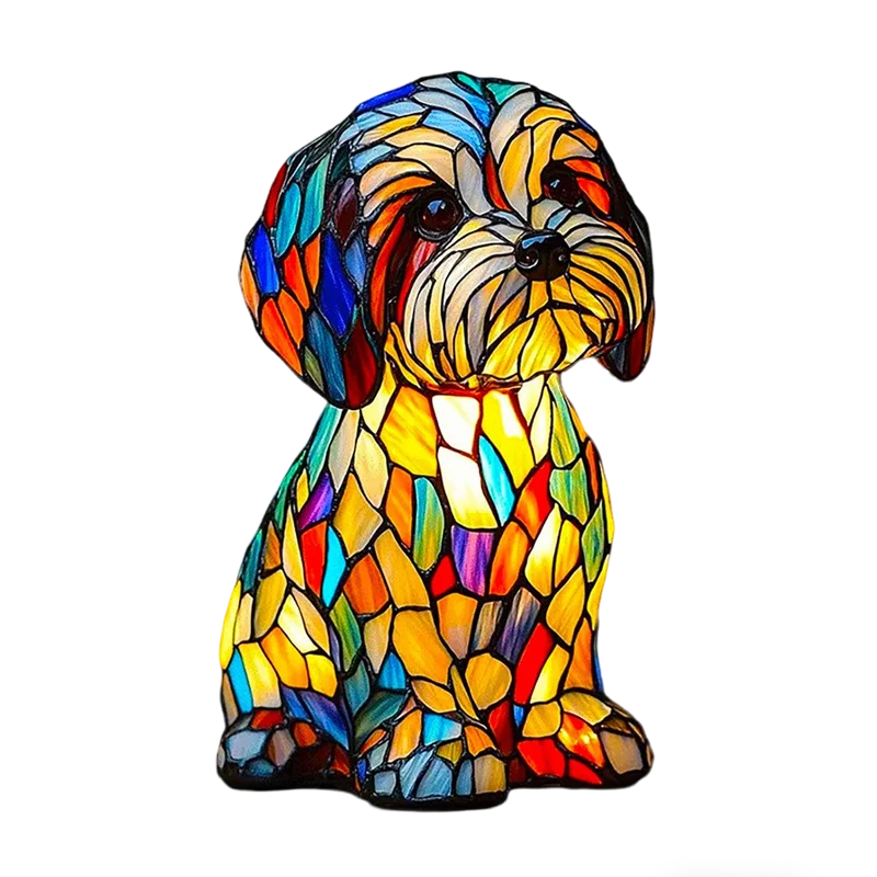 Dog Table Lamp | Stained Glass Mosaic & Warm LED