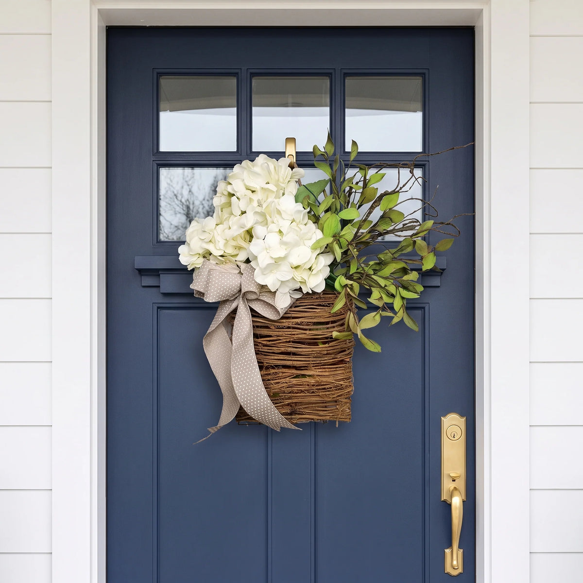Door Basket | Woven Rattan & Cream Hydrangeas | 38 x 20 cm