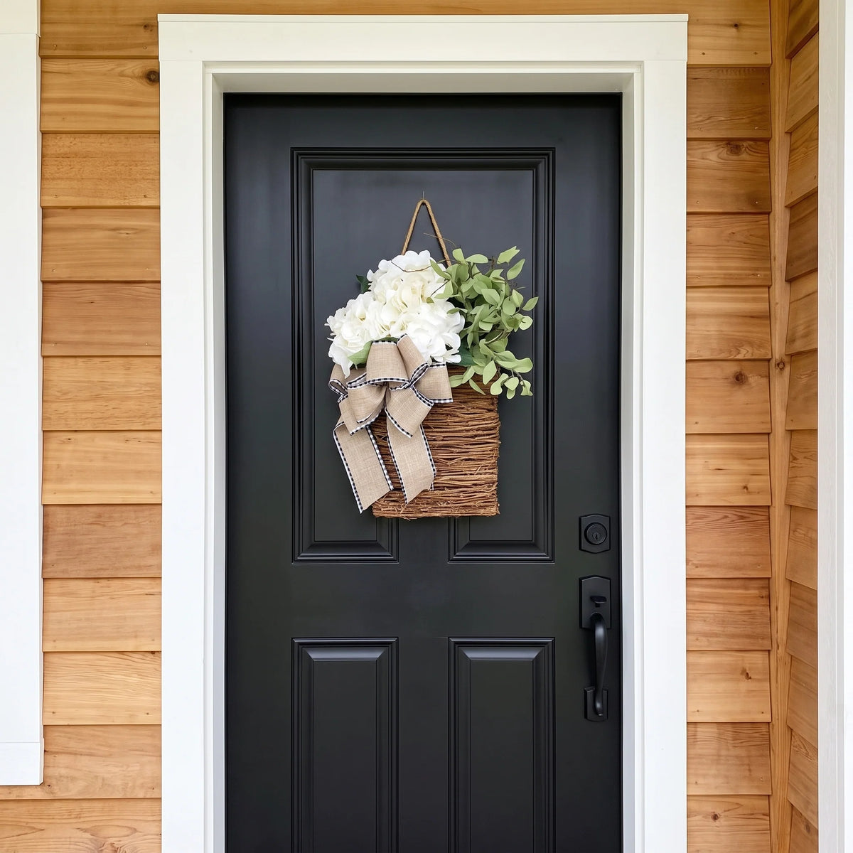 Door Basket | Woven Rattan & Cream Hydrangeas | 38 x 20 cm