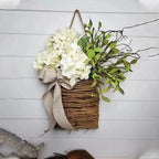 Door Basket | Woven Rattan & Cream Hydrangeas | 38 x 20 cm