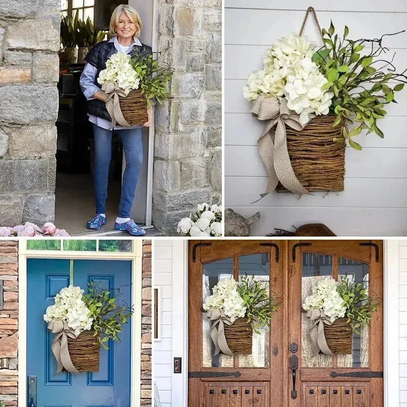 Door Basket | Woven Rattan & Cream Hydrangeas | 38 x 20 cm