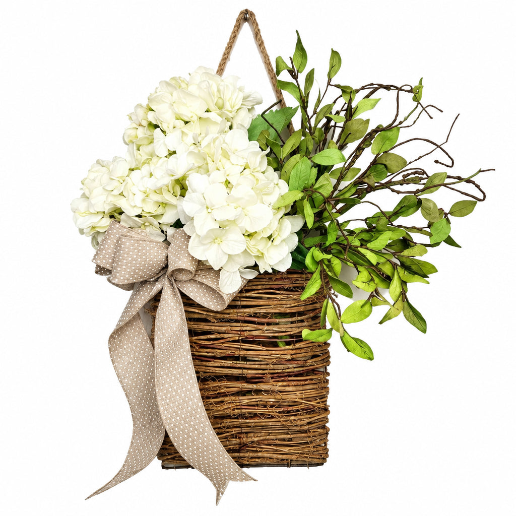 Door Wreath | Handcrafted Silk Hydrangeas & Greenery | Wicker Basket