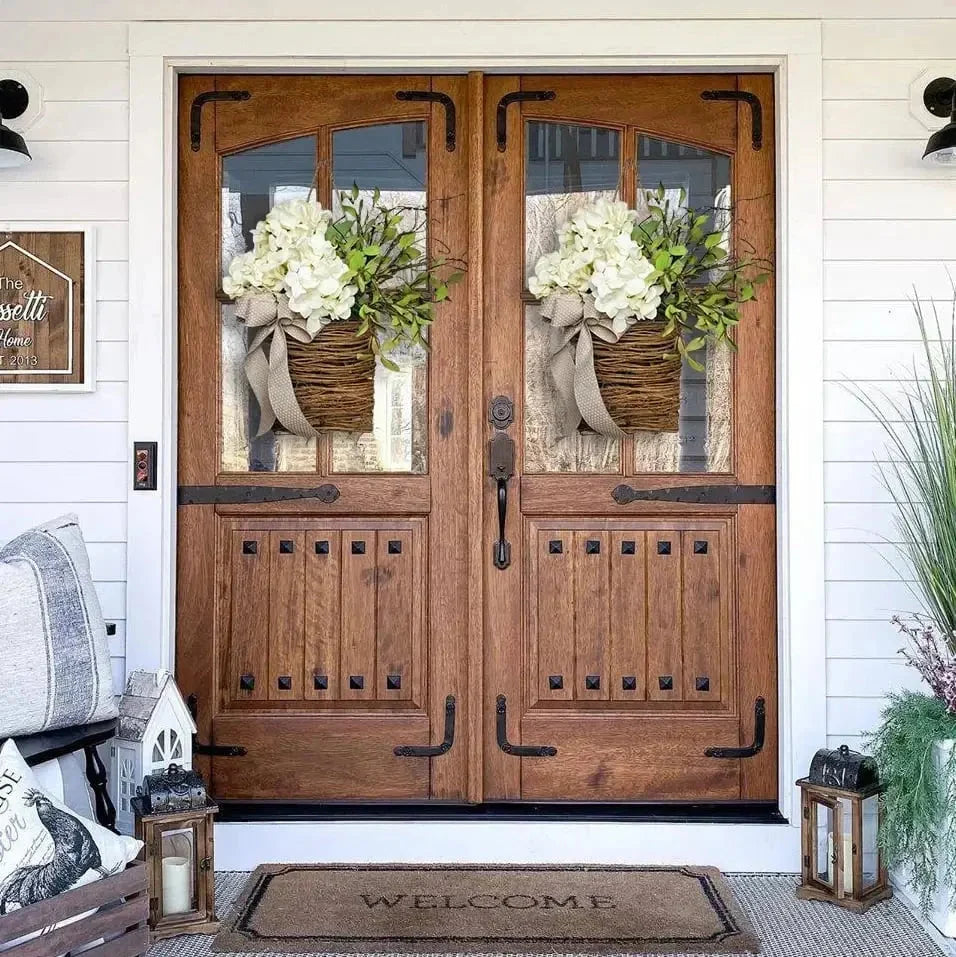 Door Wreath | Handcrafted Silk Hydrangeas & Greenery | Wicker Basket