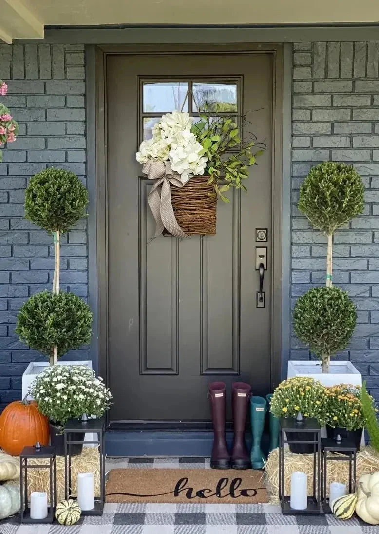 Door Wreath | Handcrafted Silk Hydrangeas & Greenery | Wicker Basket