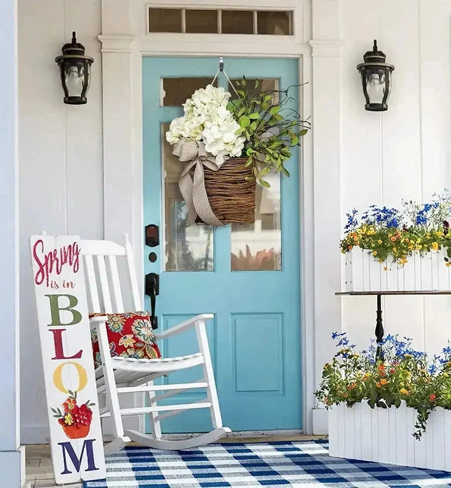Door Wreath | Handcrafted Silk Hydrangeas & Greenery | Wicker Basket