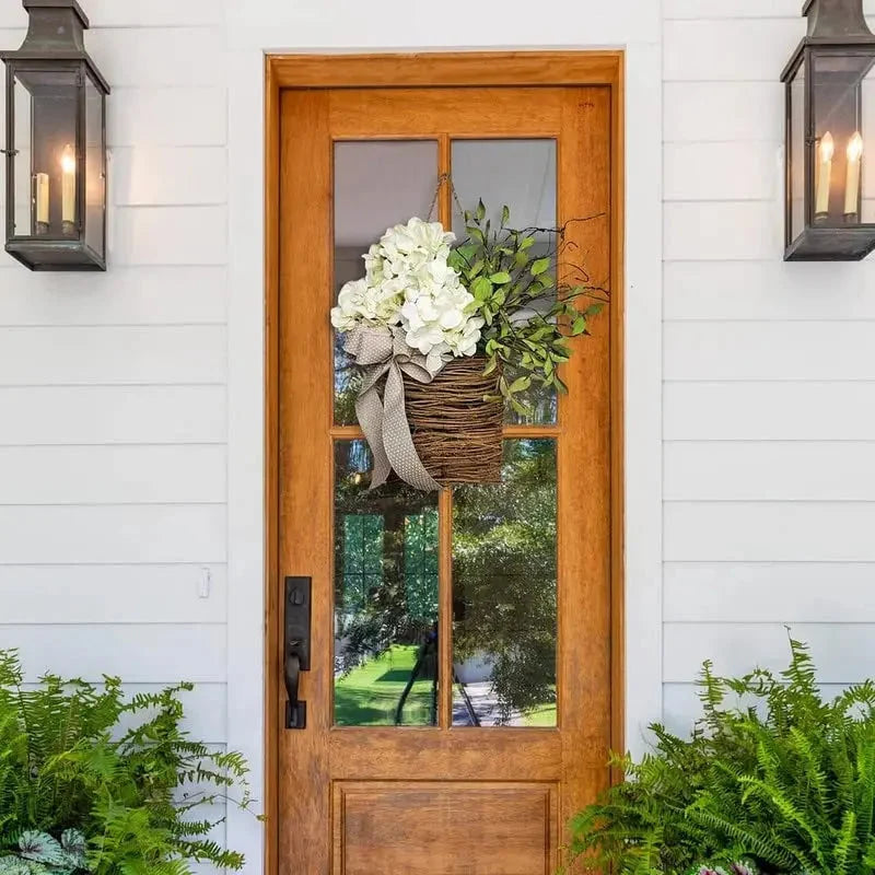 Door Wreath | Handcrafted Silk Hydrangeas & Greenery | Wicker Basket