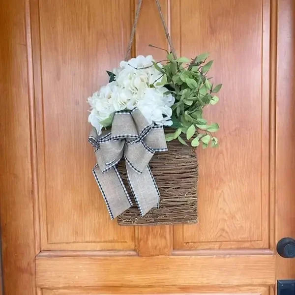 Door Wreath | Handcrafted Silk Hydrangeas & Greenery | Wicker Basket