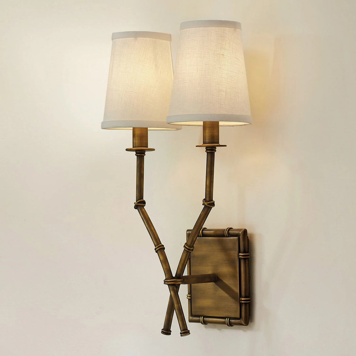 Double-Arm Wall Sconce | Bamboo & Bronze Finish | Fabric Shade