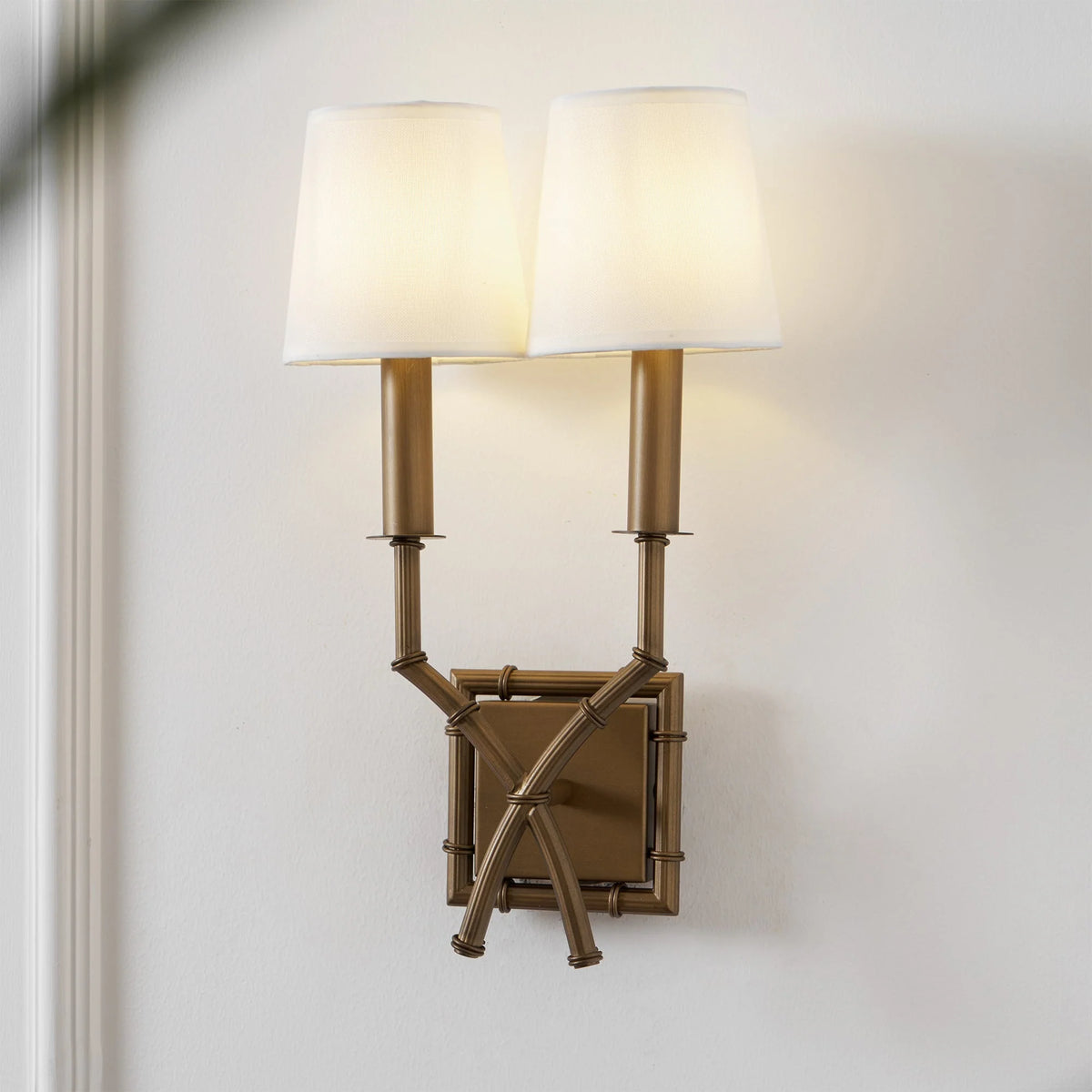 Double-Arm Wall Sconce | Bamboo & Bronze Finish | Fabric Shade