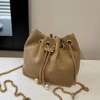 Drawstring Bucket Bag | Textured Fabric & Pearl Chain