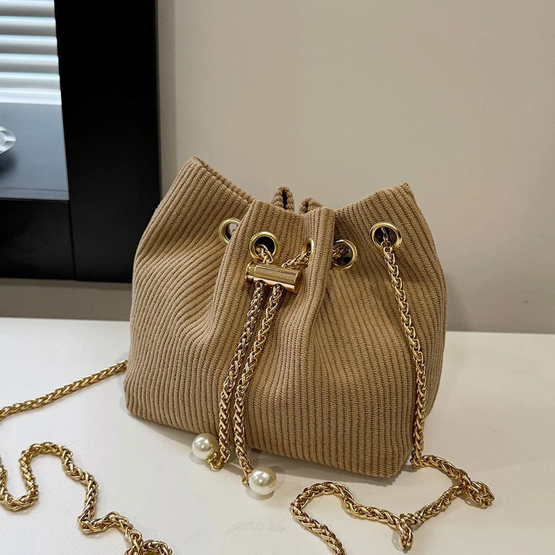 Drawstring Bucket Bag | Textured Fabric & Pearl Chain