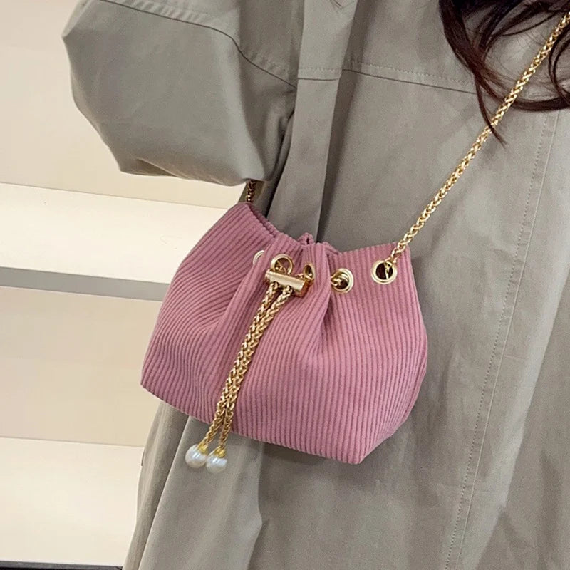 Drawstring Bucket Bag | Textured Fabric & Pearl Chain