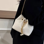 Drawstring Bucket Bag | Textured Fabric & Pearl Chain