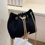 Drawstring Bucket Bag | Textured Fabric & Pearl Chain