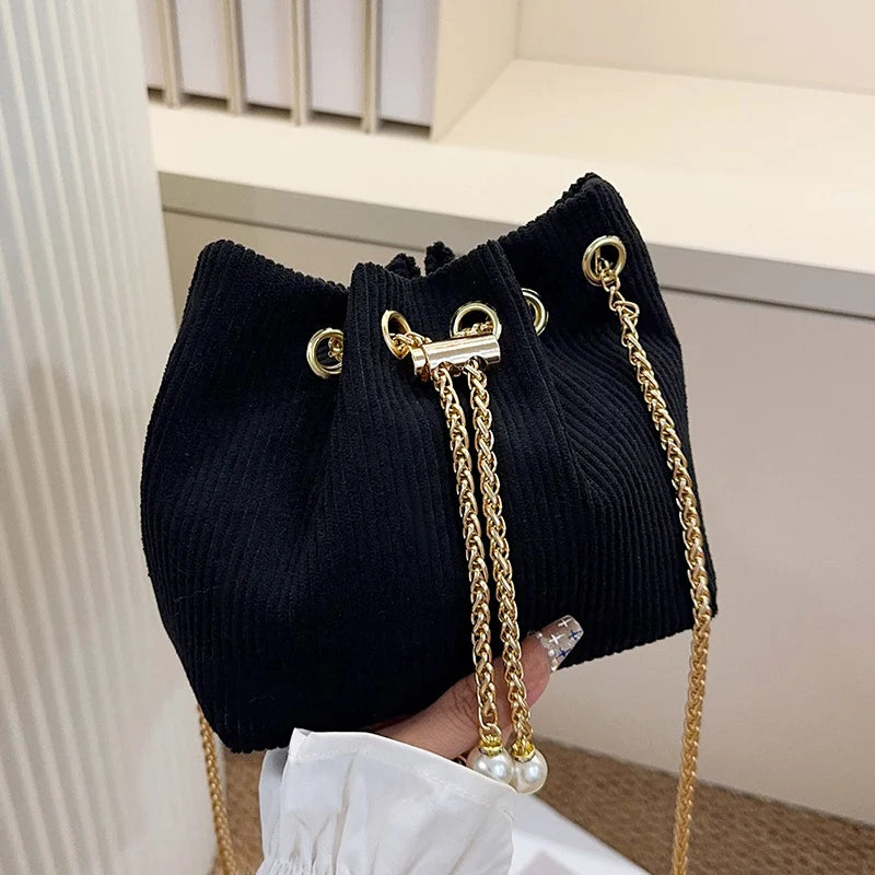Drawstring Bucket Bag | Textured Fabric & Pearl Chain