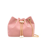 Drawstring Bucket Bag | Textured Fabric & Pearl Chain