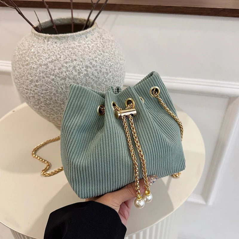 Drawstring Bucket Bag | Textured Fabric & Pearl Chain