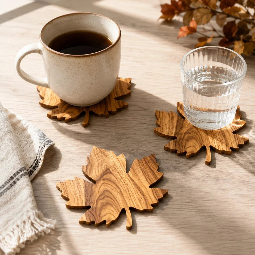 Drink Coasters | Solid Wood & Leaf-Shaped | Set of 3