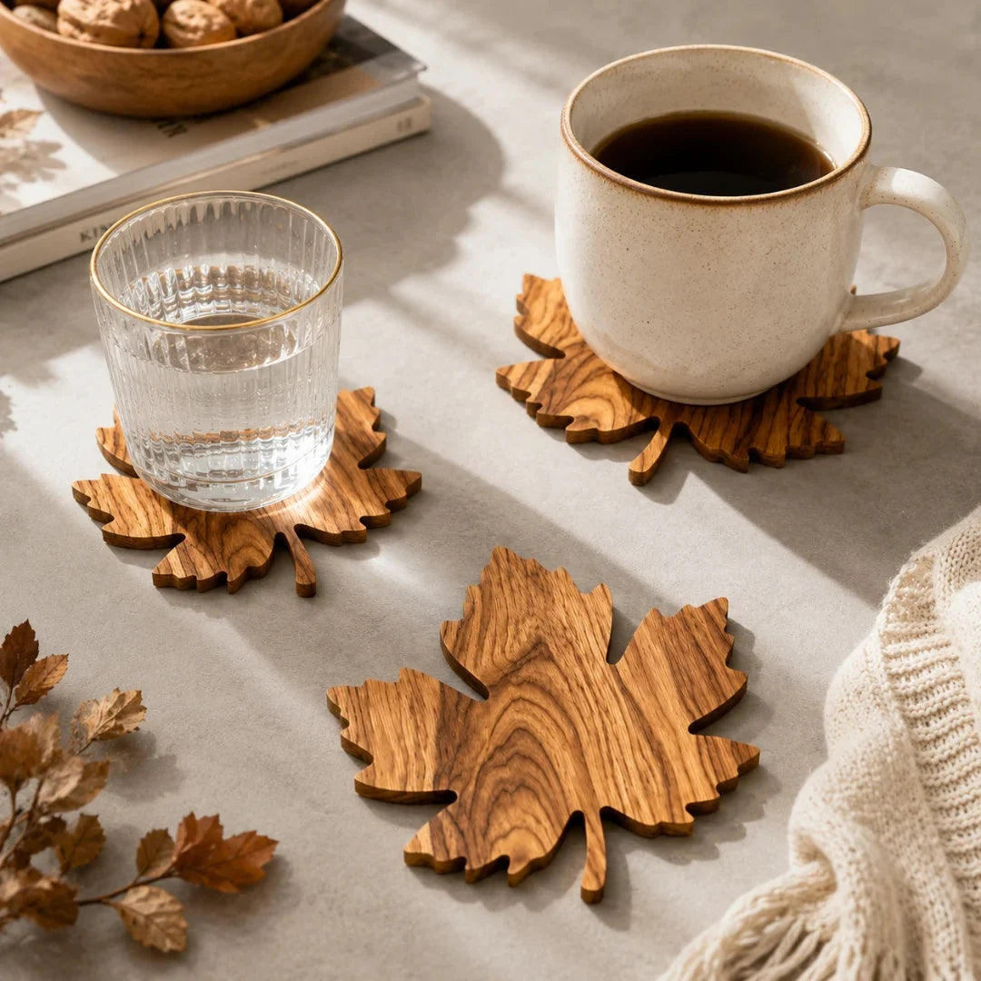 Drink Coasters | Solid Wood & Leaf-Shaped | Set of 3