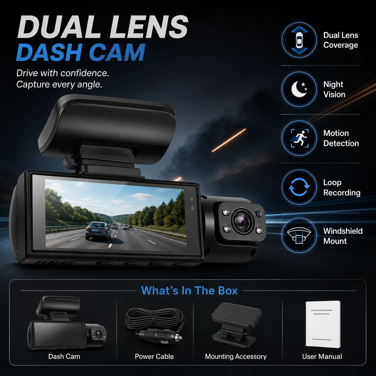 Dual Lens Dash Cam | Night Vision & Motion Detection