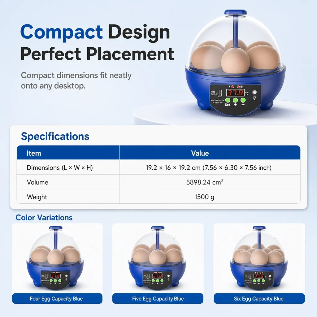 Egg Incubator | USB-Powered Automatic Temperature Control & Even Air Circulation | 4–6 Egg Capacity