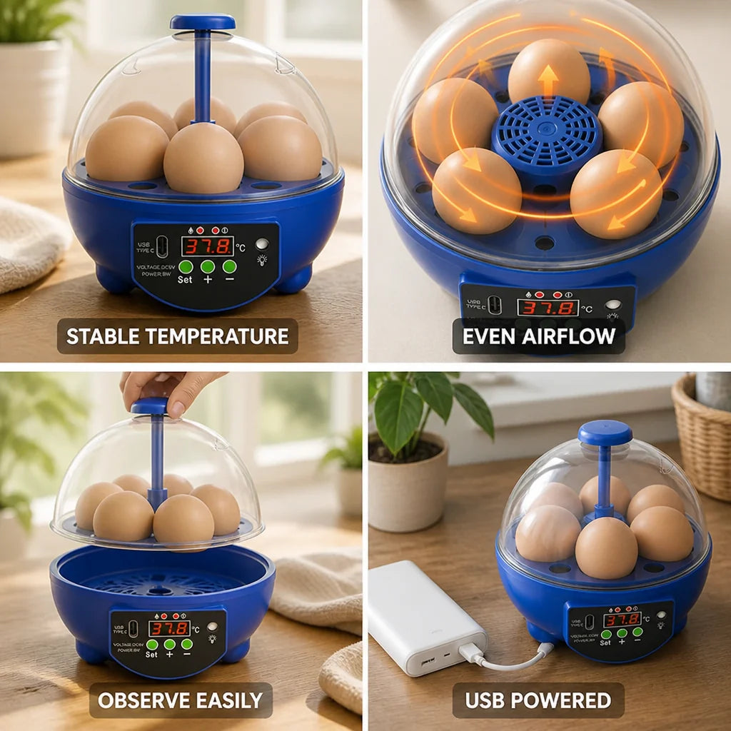 Egg Incubator | USB-Powered Automatic Temperature Control & Even Air Circulation | 4–6 Egg Capacity