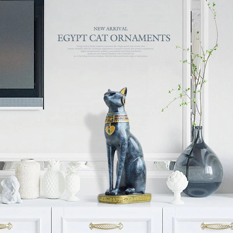 Egyptian Cat Sculpture | Hand-Painted Resin Blue & Gold Finish