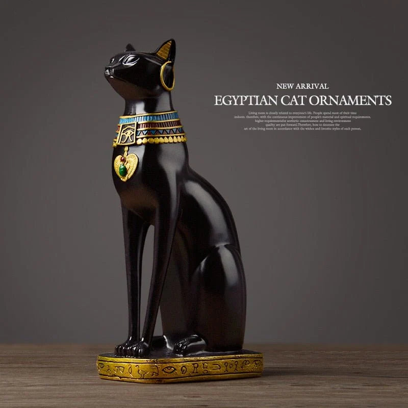 Egyptian Cat Sculpture | Hand-Painted Resin Blue & Gold Finish