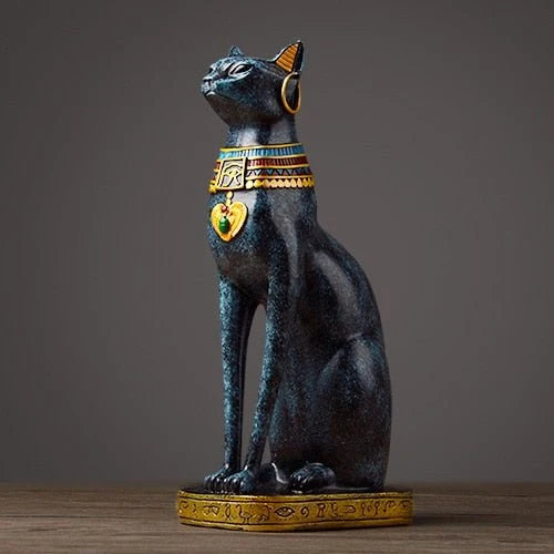 Egyptian Cat Sculpture | Hand-Painted Resin Blue & Gold Finish