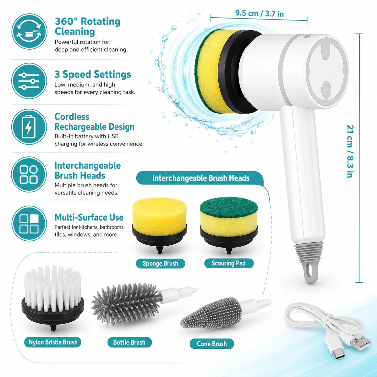Electric Cleaning Brush | Cordless & Rechargeable 360° Rotating