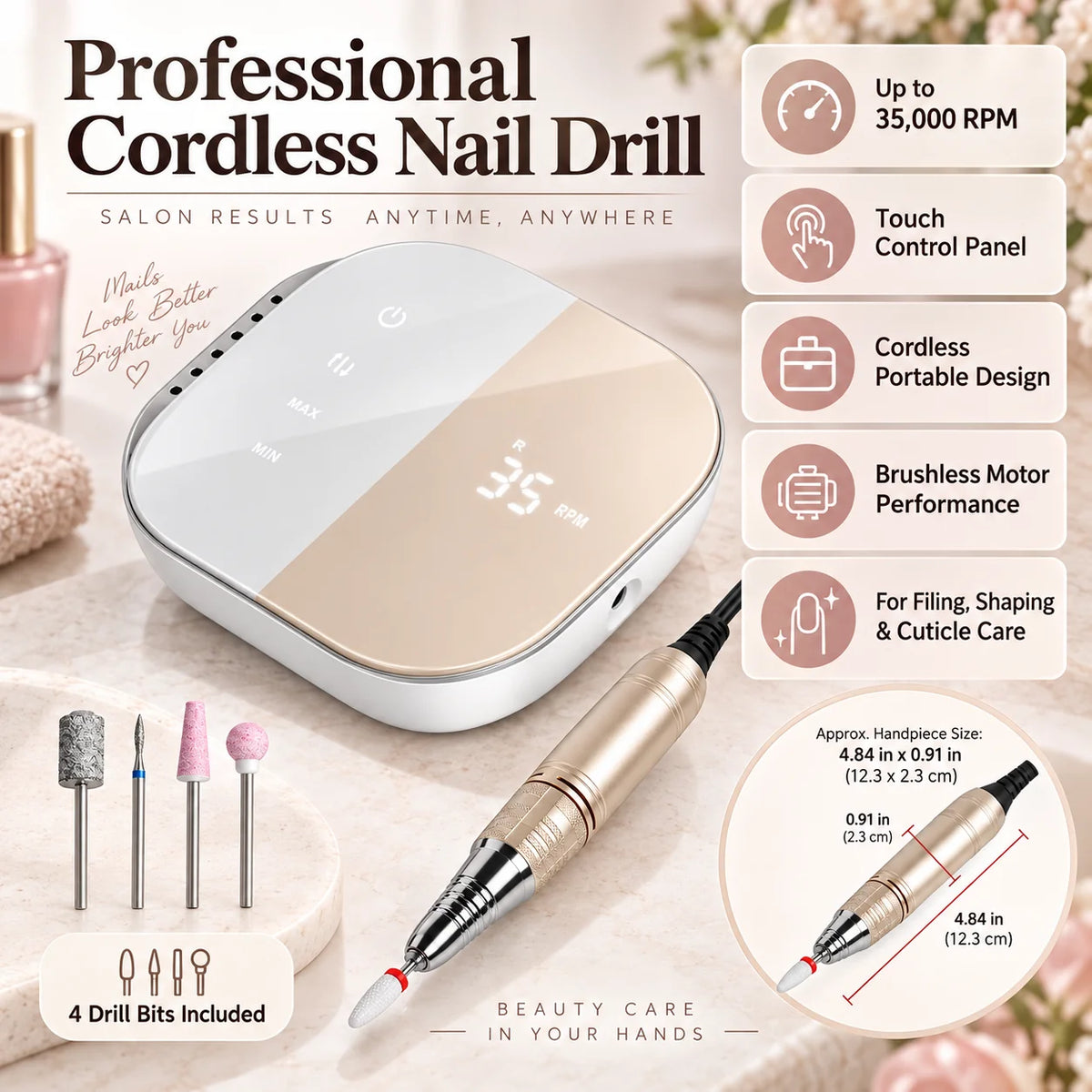 Electric Nail File | Brushless 35,000 RPM & Cordless | Includes 4 Bits