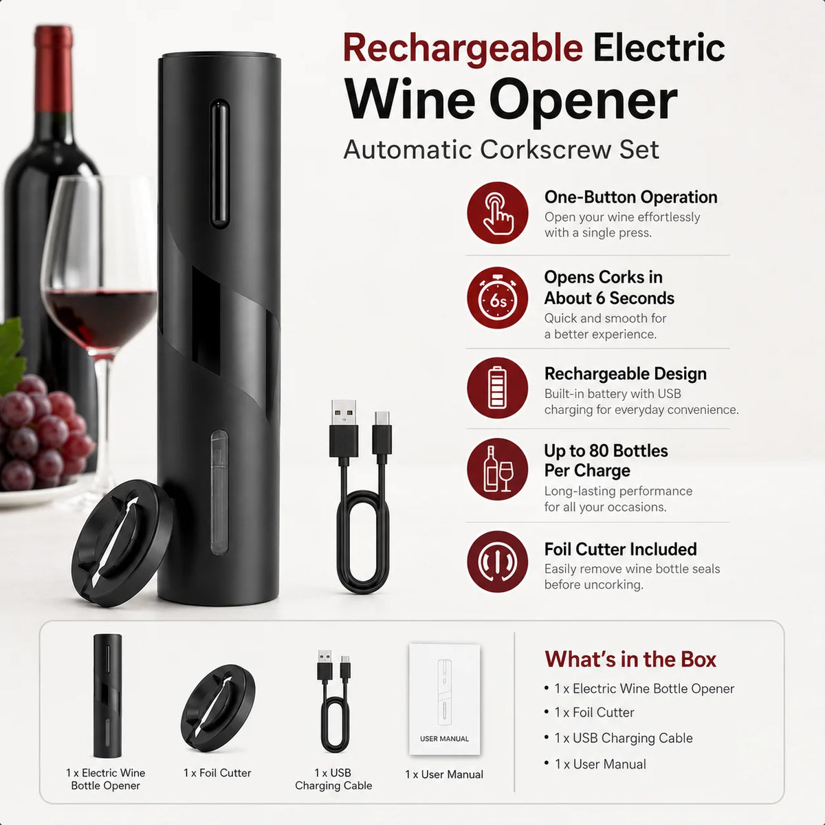 Electric Wine Opener | One-Button Rechargeable & Integrated Foil Cutter | Up to 80 Bottles