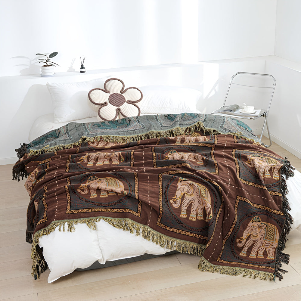 Throw Blanket | Elephant Print & Cotton Gauze | Tassel Trim
