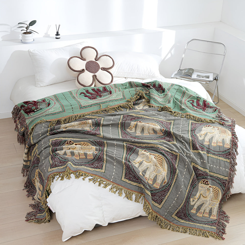 Throw Blanket | Elephant Print & Cotton Gauze | Tassel Trim
