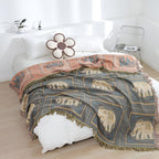 Throw Blanket | Elephant Print & Cotton Gauze | Tassel Trim
