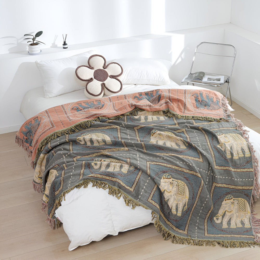 Throw Blanket | Elephant Print & Cotton Gauze | Tassel Trim