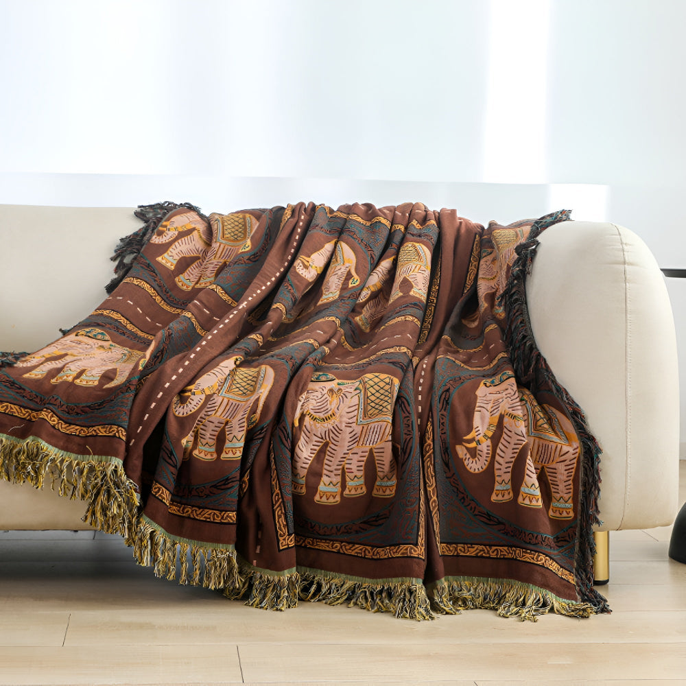 Throw Blanket | Elephant Print & Cotton Gauze | Tassel Trim