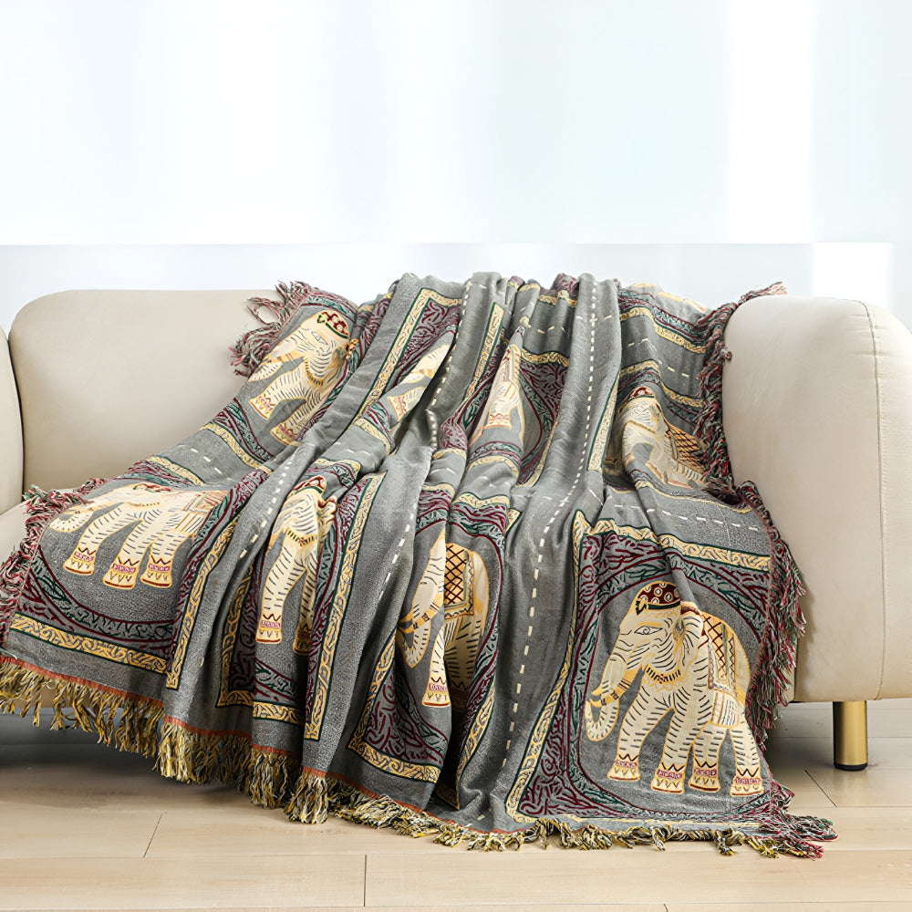 Throw Blanket | Elephant Print & Cotton Gauze | Tassel Trim
