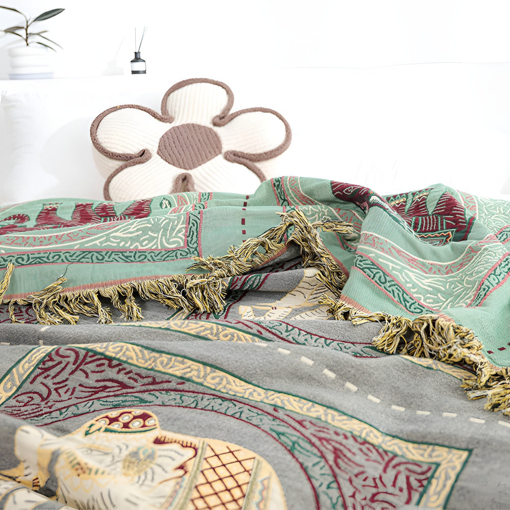 Throw Blanket | Elephant Print & Cotton Gauze | Tassel Trim