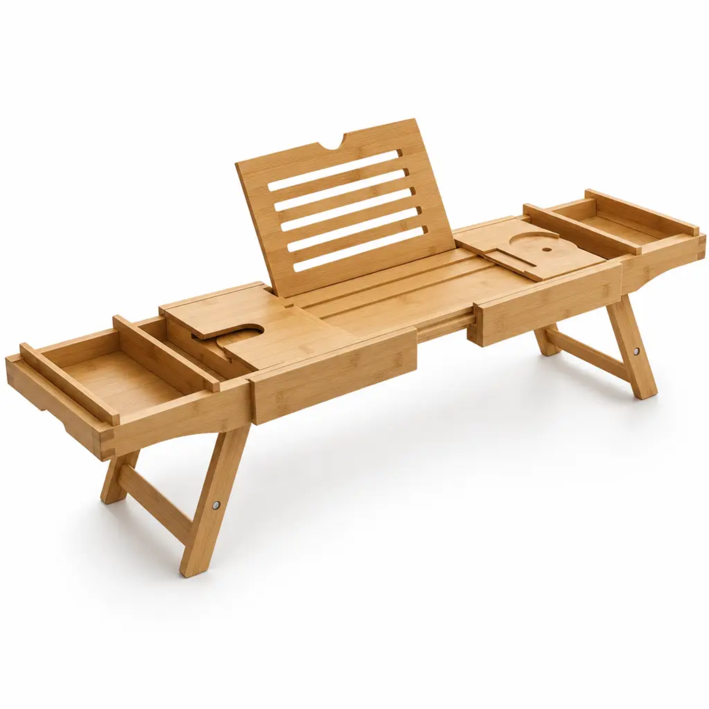 Bathtub Caddy Tray | Expandable Bamboo | Tablet & Wine Glass Holders
