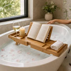 Bathtub Caddy Tray | Expandable Bamboo | Tablet & Wine Glass Holders