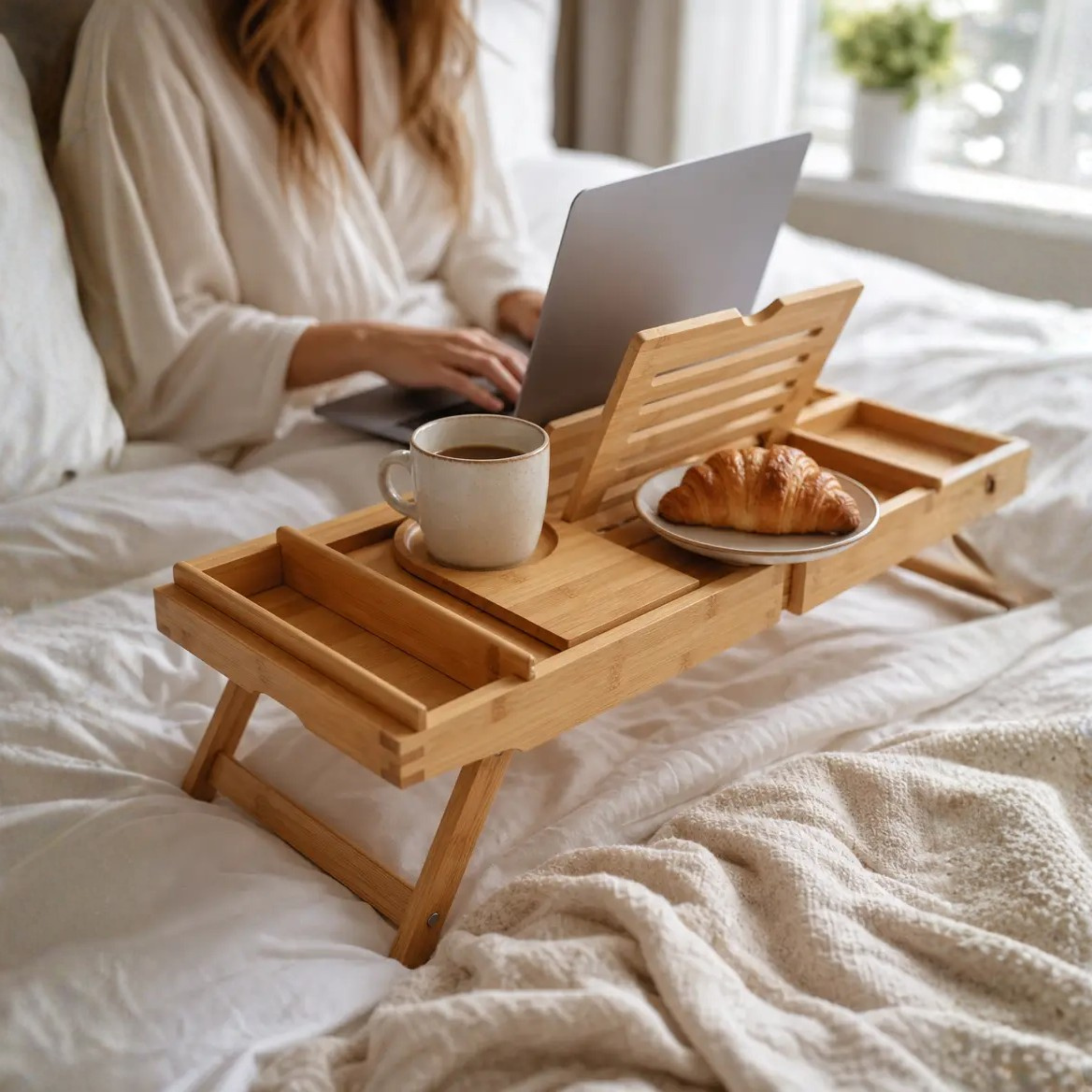 Bathtub Caddy Tray | Expandable Bamboo | Tablet & Wine Glass Holders