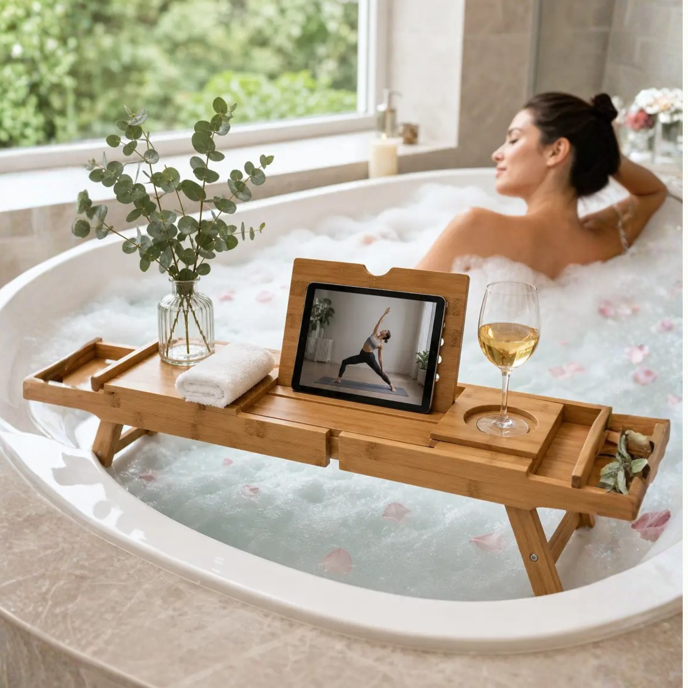 Bathtub Caddy Tray | Expandable Bamboo | Tablet & Wine Glass Holders