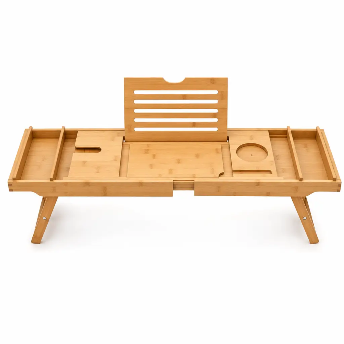 Bathtub Caddy Tray | Expandable Bamboo | Tablet & Wine Glass Holders