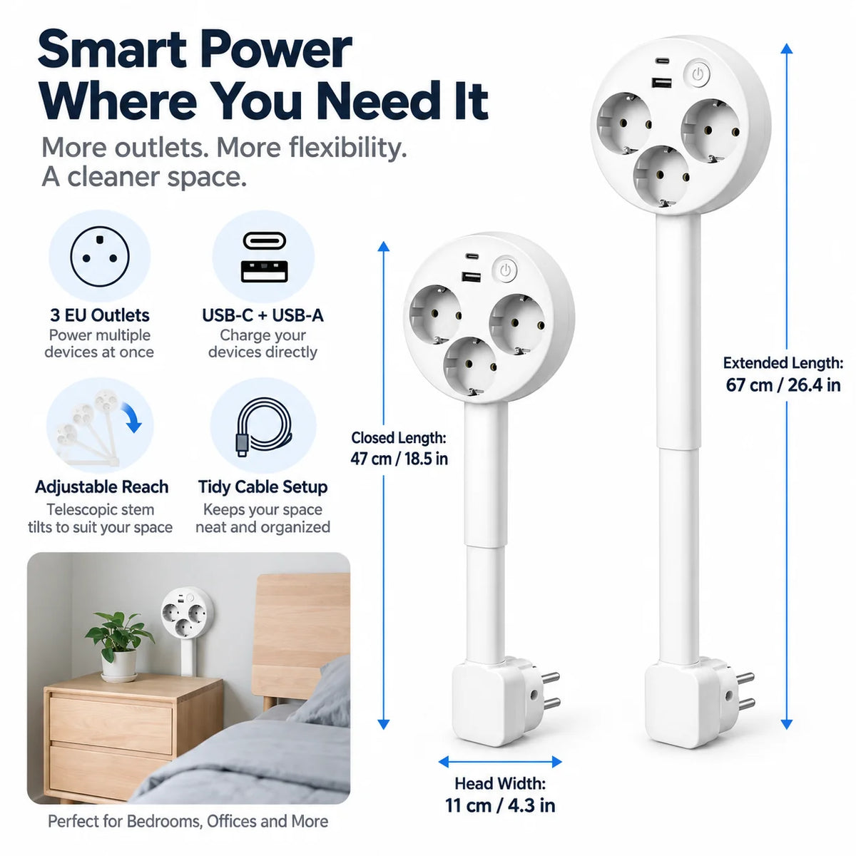 Extendable Power Outlet | 180° Adjustable Arm & USB Ports