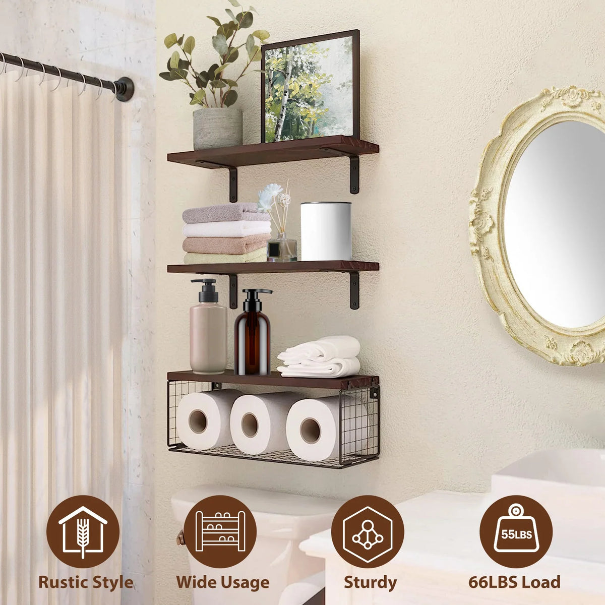 Floating Shelves | Wall-Mounted With Storage Basket | 4-Piece Set