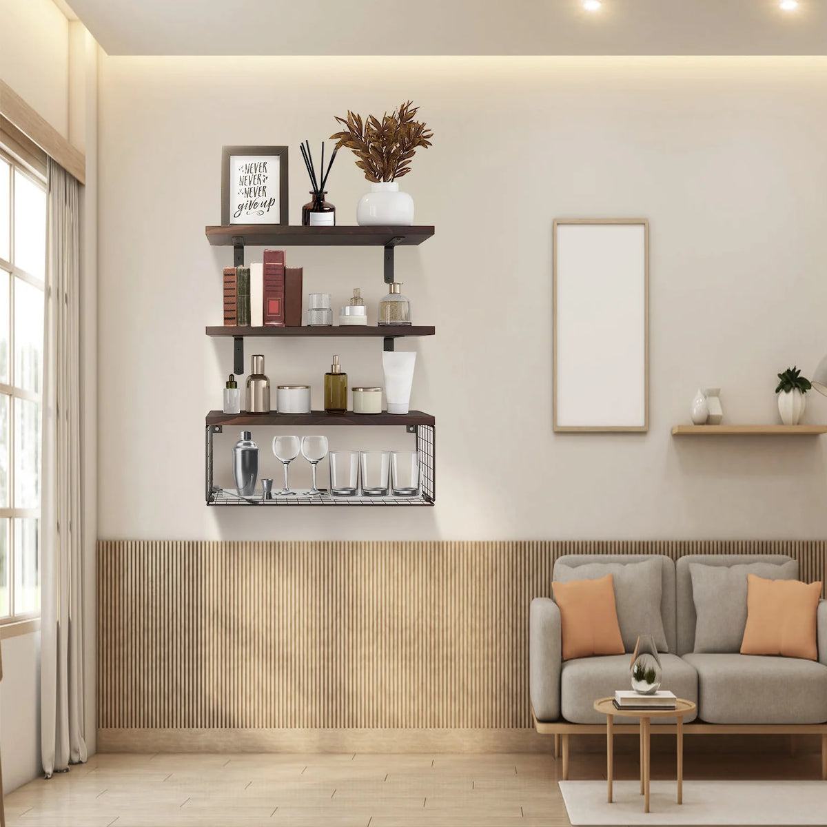 Floating Shelves | Wall-Mounted With Storage Basket | 4-Piece Set