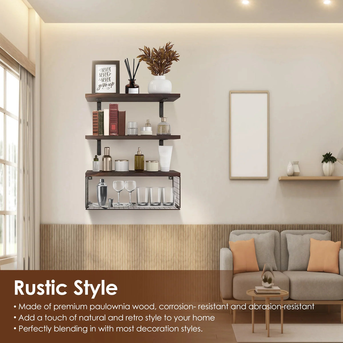 Floating Shelves | Wall-Mounted With Storage Basket | 4-Piece Set