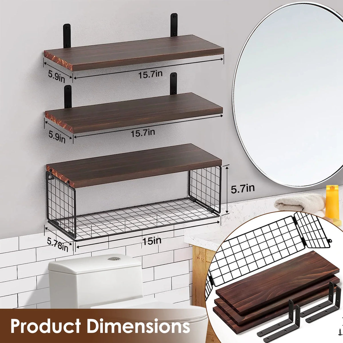 Floating Shelves | Wall-Mounted With Storage Basket | 4-Piece Set